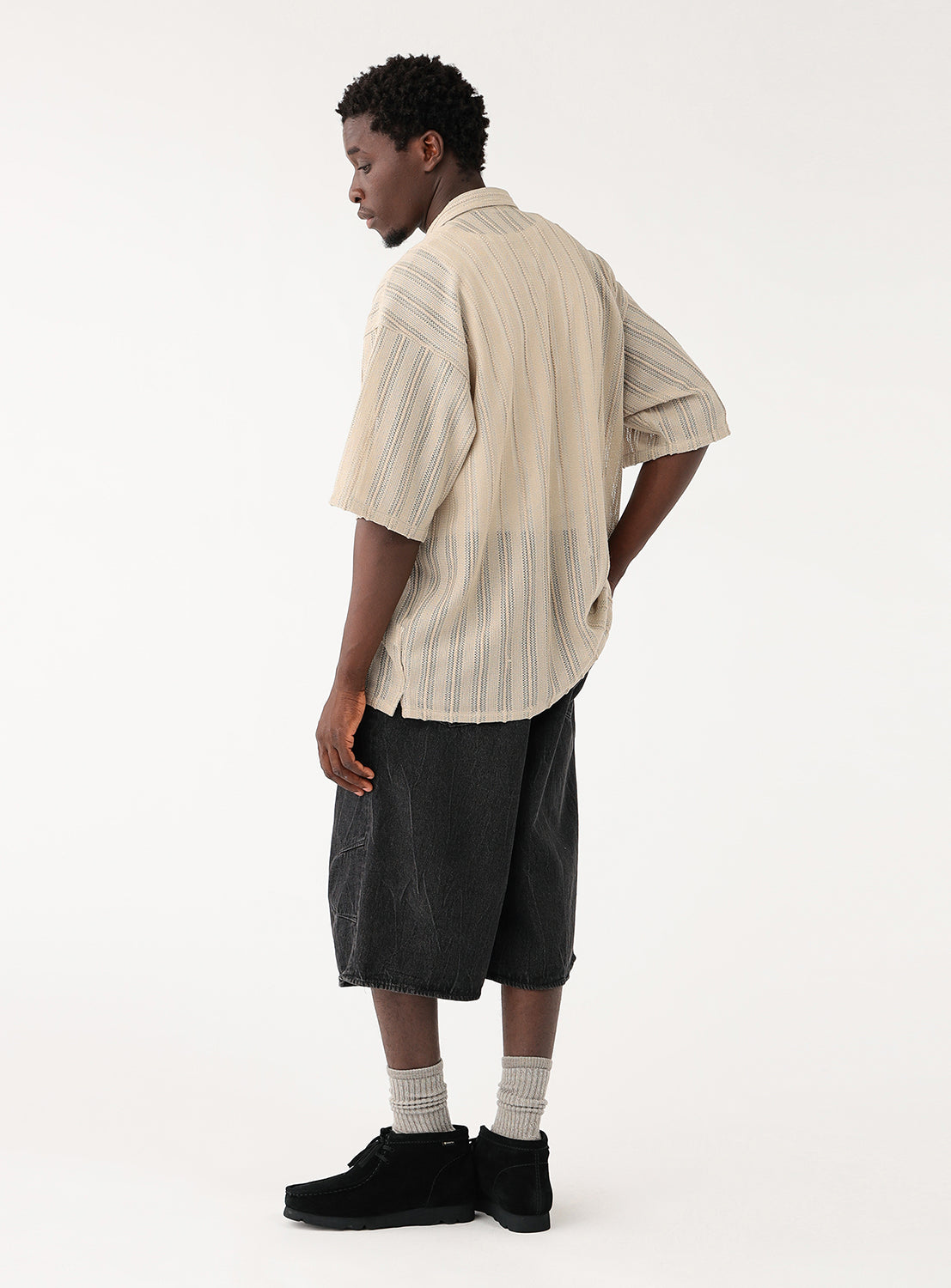 ★COOR★ Mesh grid open collar shirt ivory Mesh Open-Collar Shirt