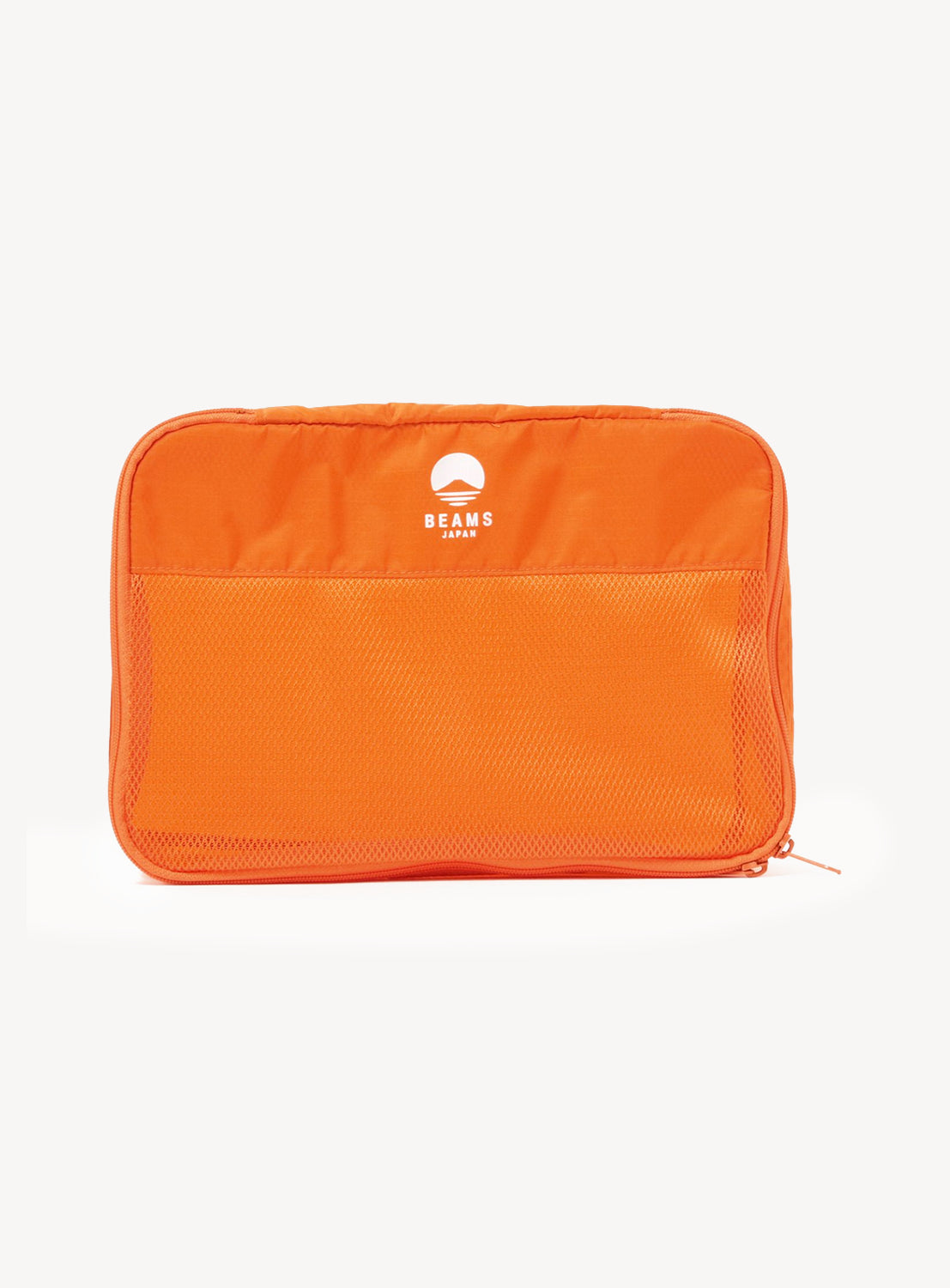 Orange pouch with a brand logo on a white background
