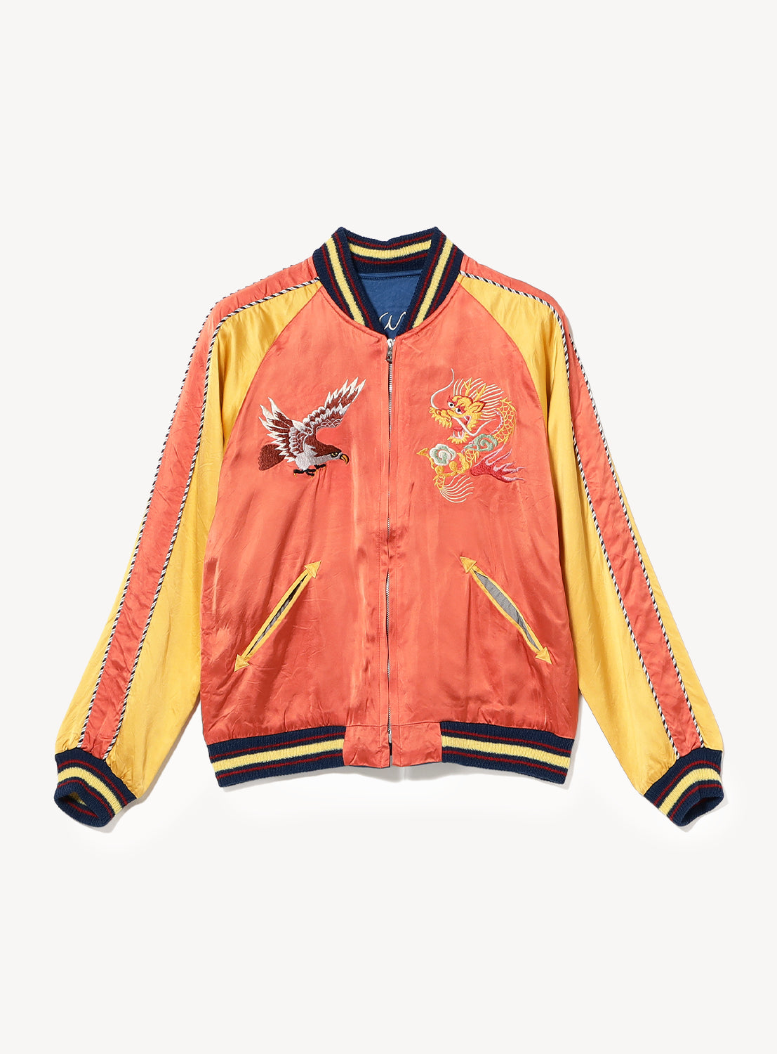 The TAILOR TOYO Late 1940s Style Acetate Souvenir Jacket KOSHO & CO. Special Edition “EAGLE & DRAGON” × “JAPAN MAP” features orange front, yellow sleeves, Japanese eagle and dragon embroidery, and striped black, yellow, and red trim.
