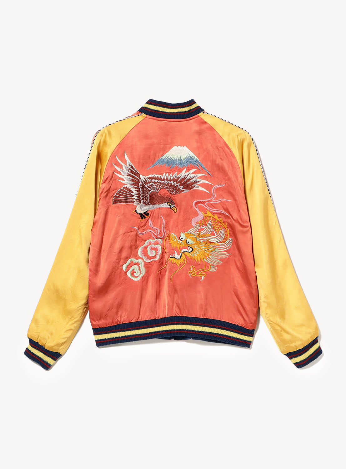 The TAILOR TOYO Late 1940s Style Acetate Souvenir Jacket KOSHO & CO. Special Edition “EAGLE & DRAGON” × “JAPAN MAP” features vintage Japanese embroidery, bold striped trims, and a colorful design inspired by classic souvenirs.