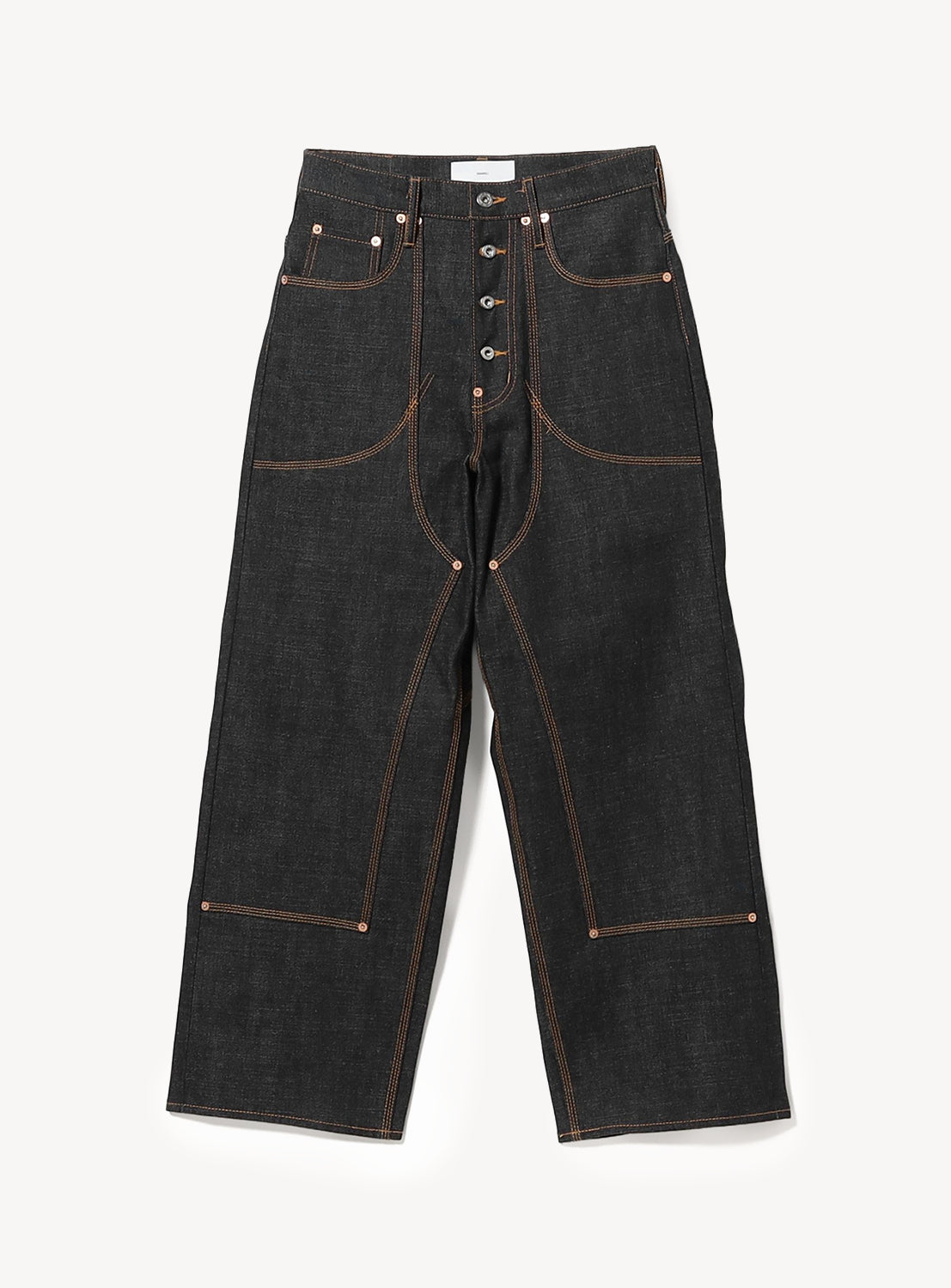 The SUGARHILL Classic Double Knee Denim Pants feature heavyweight denim in a wide-leg silhouette, exposed button fly, contrast orange stitching, front patch pockets, and knee seam details for a true workwear-inspired look. These double-knee jeans are displayed laid flat on a white background.