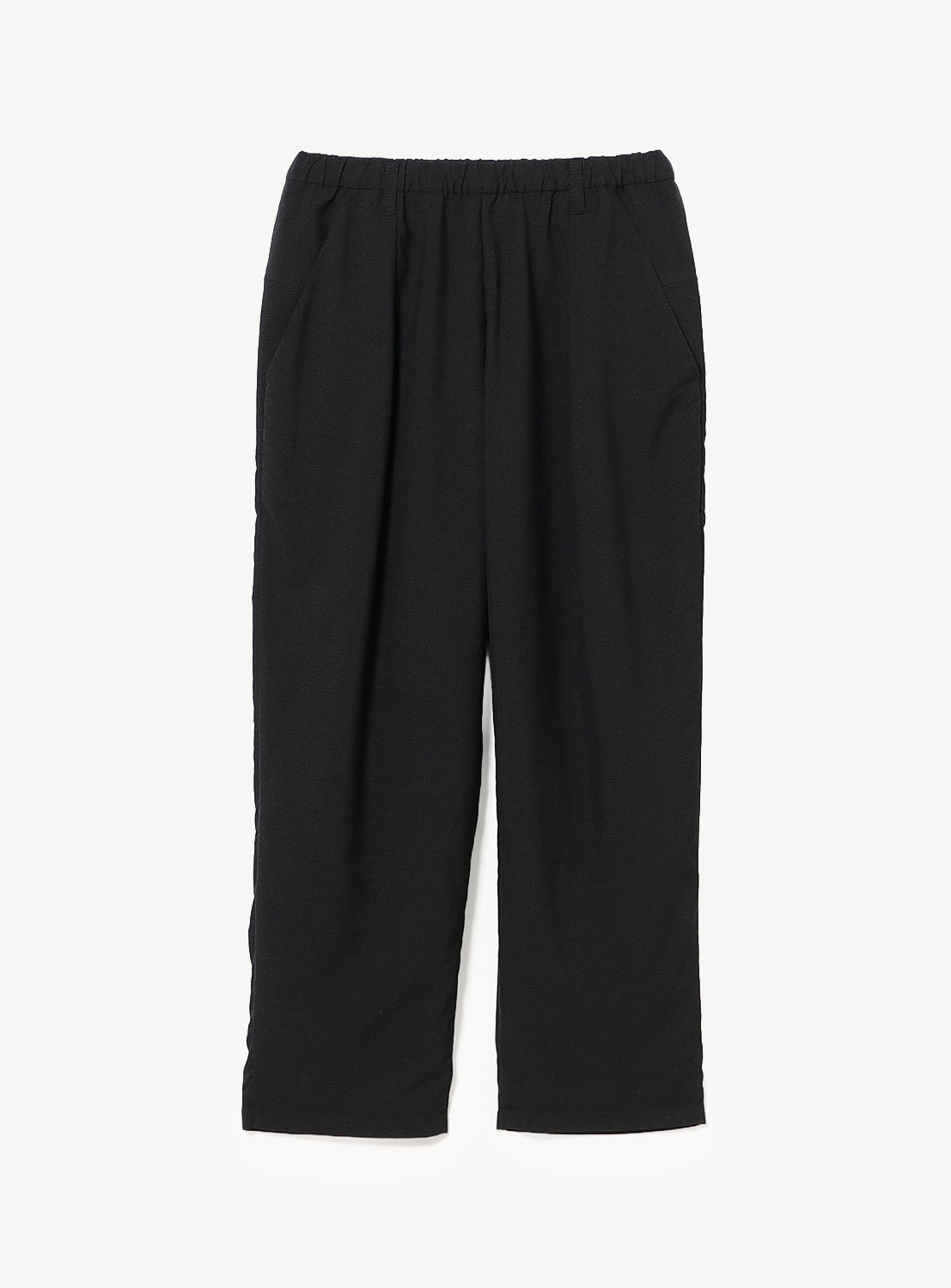Black TEATORA Wallet Pants Resort, crafted from innovative GEOGRAM textile, feature a loose fit with an elastic waistband, side pockets, and a discreet Security Cargo Pocket—shown laid flat on a white background.