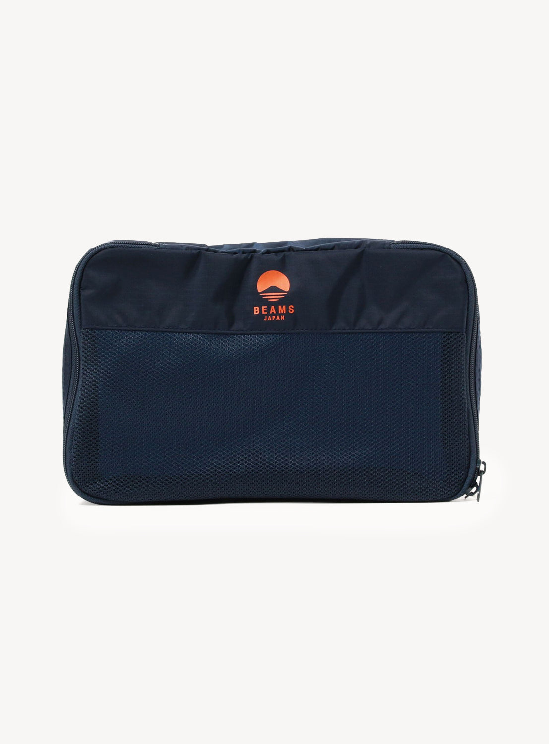 Navy blue pouch with a brand logo on a white background