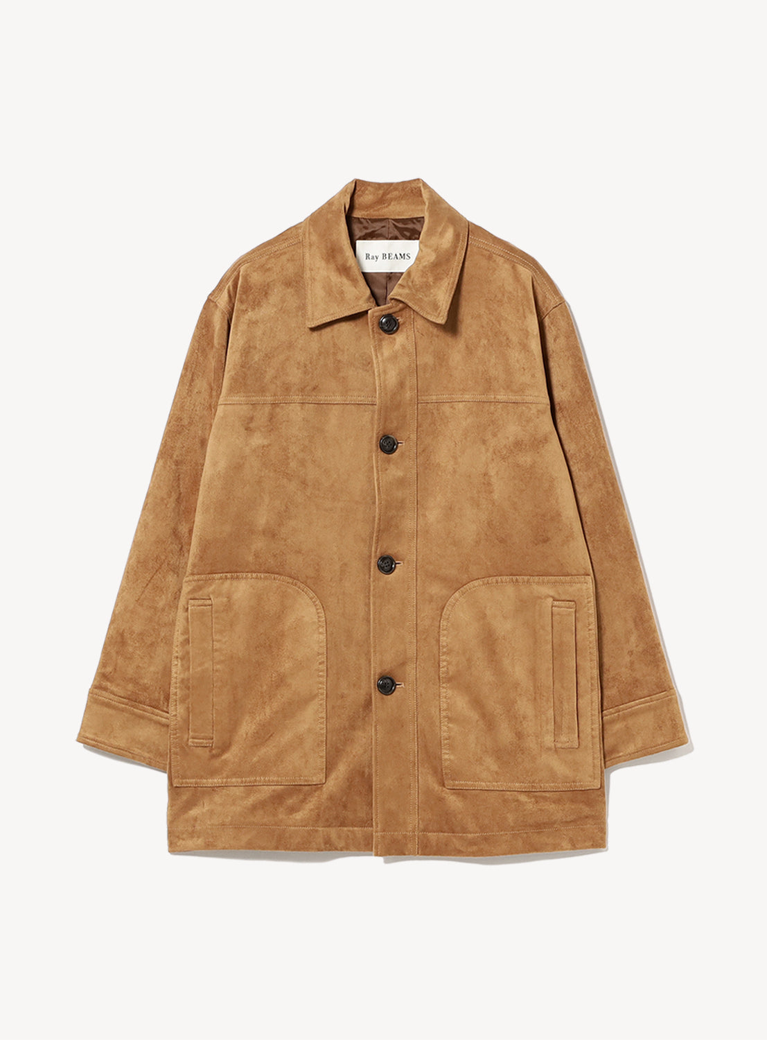 The Ray BEAMS Faux Suede Half Coat is a tan coverall-inspired piece featuring a collar, front button closure, two large front pockets, and a relaxed fit, shown against a plain white background.
