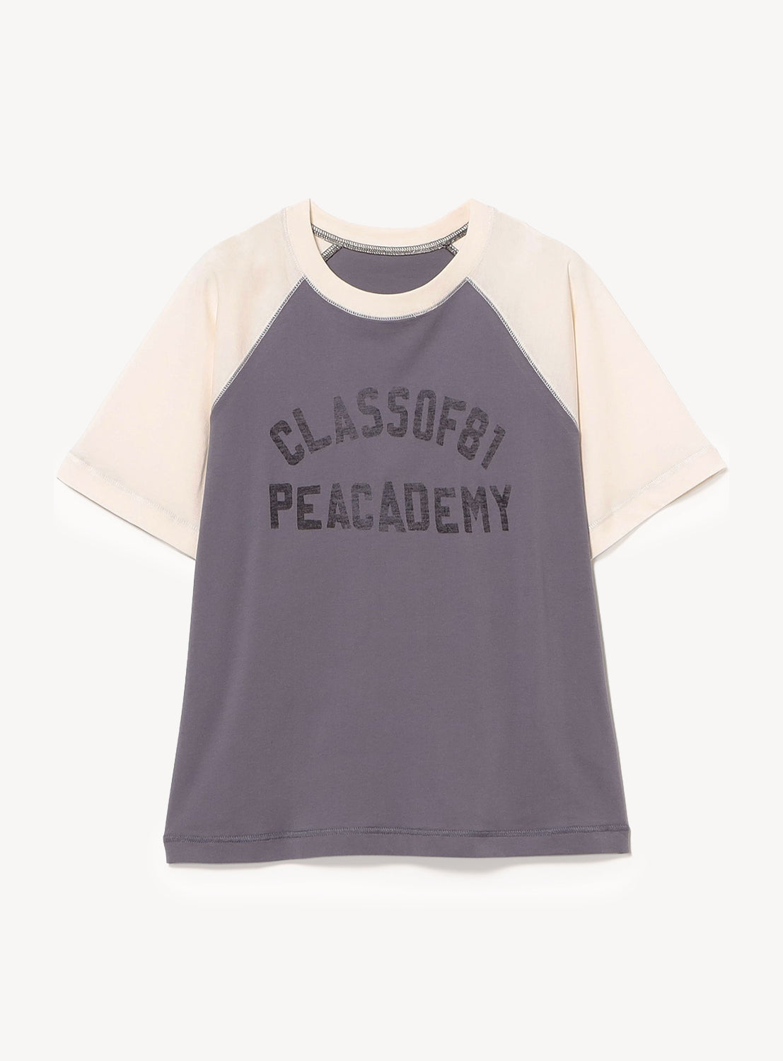 The BEAMS BOY Two-Tone Vintage Raglan T-shirt features off-white sleeves, a gray body, and "CLASS OF 81 PE ACADEMY" printed in black for a timeless collegiate athletic look.