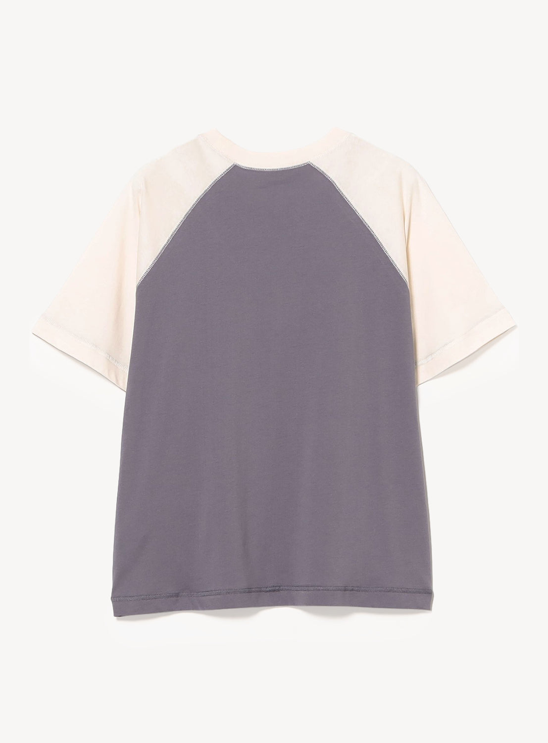 Back view of the BEAMS BOY Two-Tone Vintage Raglan T-shirt, featuring light cream sleeves and collar with a grayish purple body, shown on a plain white background for a classic collegiate athletic vibe.