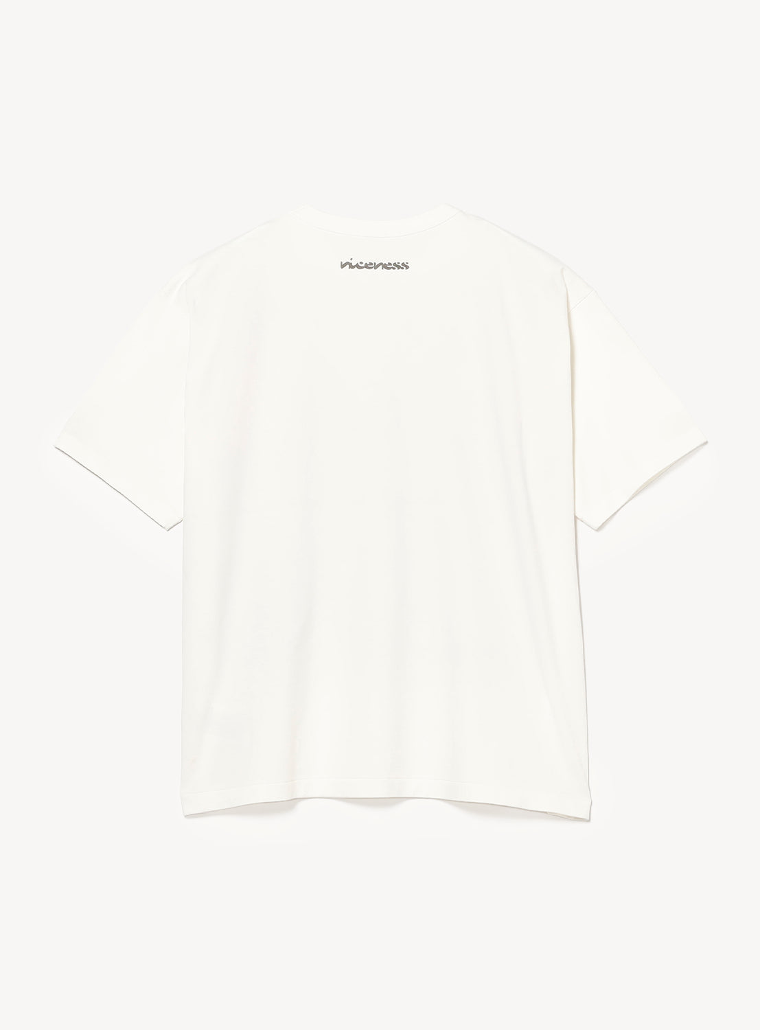 Back view of the Hand Stencil Print T-Shirt by NICENESS, featuring small "nicenesssss" text printed near the upper neckline. The short-sleeve shirt is shown against a white background.