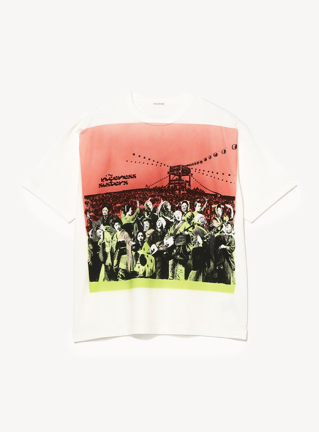 NICENESS Hand Stencil Print T-Shirt in white, featuring a graphic of a large crowd in black and green with festival lights against a red sky, and "THE ROMANCE SEEKERS" text in the upper left.