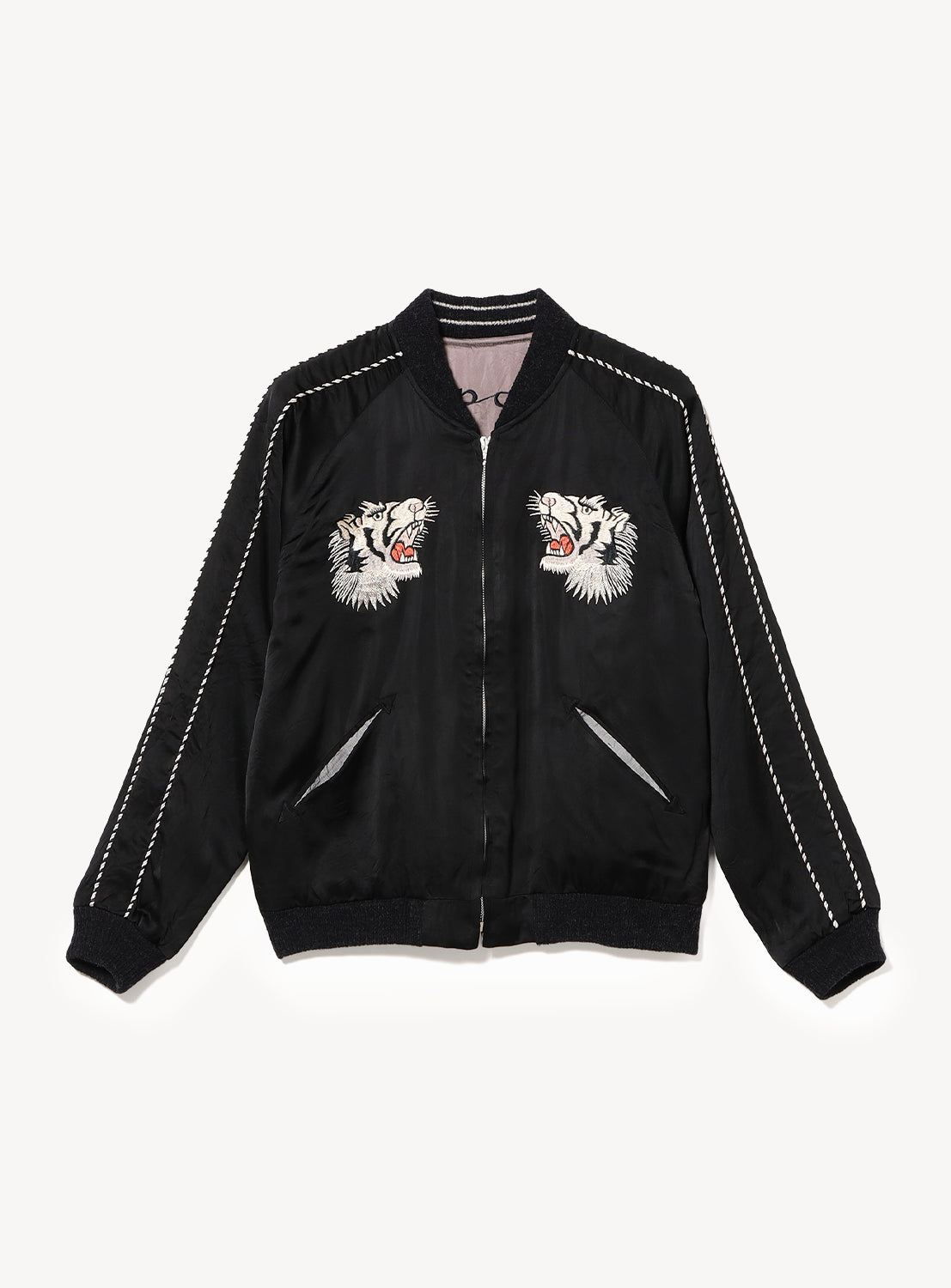 The TAILOR TOYO Late 1940s Style Acetate Souvenir Jacket “WHITE TIGER” × “JAPAN MAP” features black fabric, white tiger head embroidery on the chest, white striped sleeves, and angled pockets. Special Edition by KOSHO & CO.