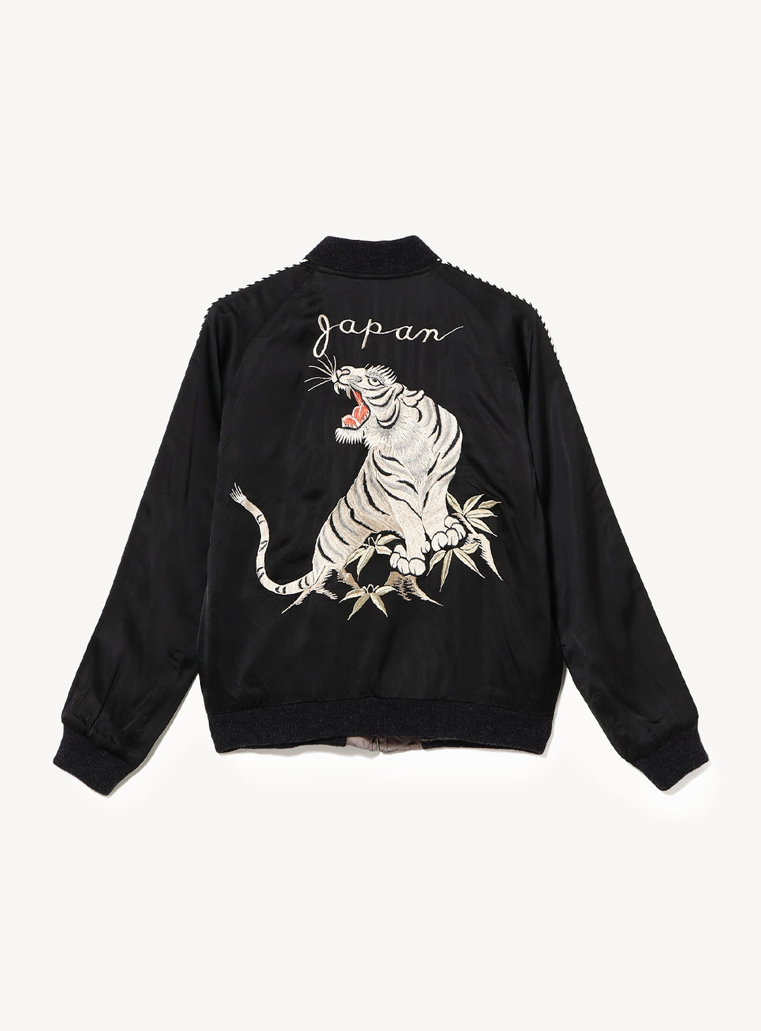 TAILOR TOYO Late 1940s Style Acetate Souvenir Jacket KOSHO & CO. Special Edition “WHITE TIGER” × “JAPAN MAP,” black bomber with Japan, a large white tiger, and bamboo embroidery, laid flat on a white background.