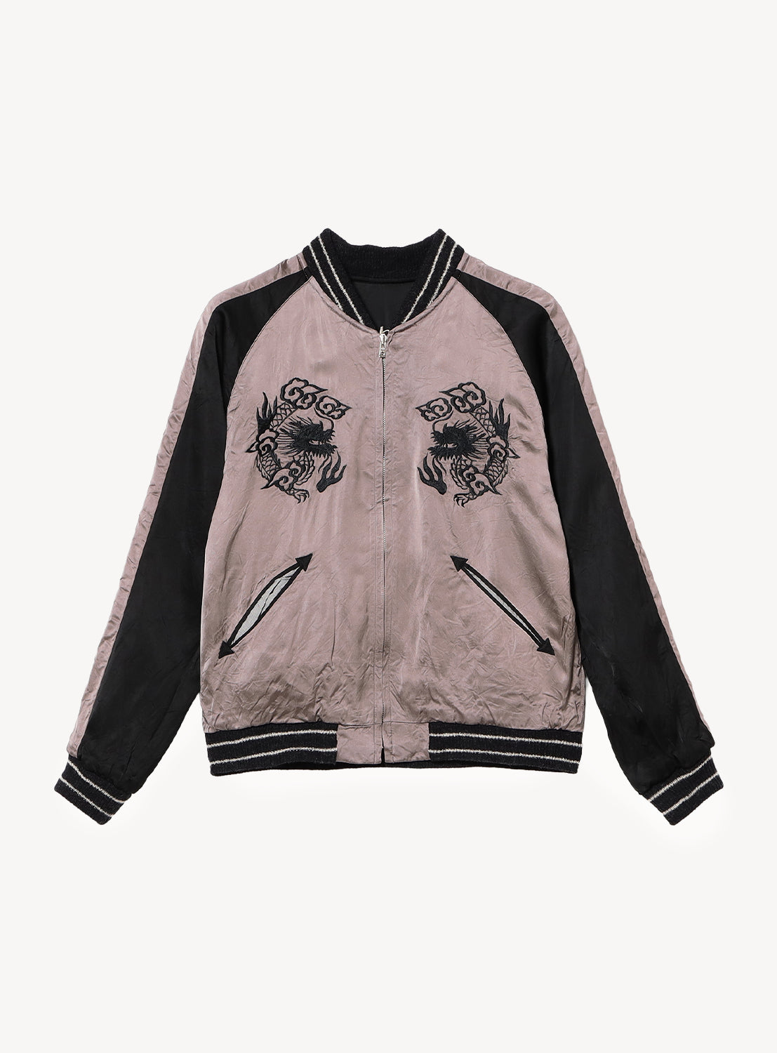 The TAILOR TOYO Late 1940s Style Acetate Souvenir Jacket “WHITE TIGER” × “JAPAN MAP” features embroidered designs, striped ribbed cuffs and collar, and zippered front pockets.