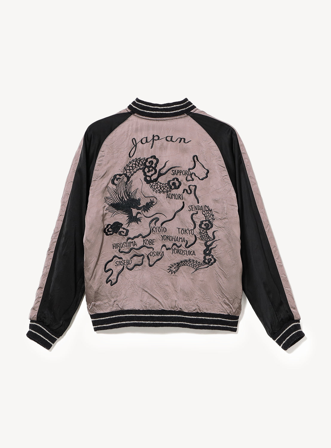 The TAILOR TOYO Late 1940s Style Acetate Souvenir Jacket KOSHO & CO. Special Edition “WHITE TIGER” × “JAPAN MAP” features striking embroidery of a white tiger and a Japan map highlighting major cities.