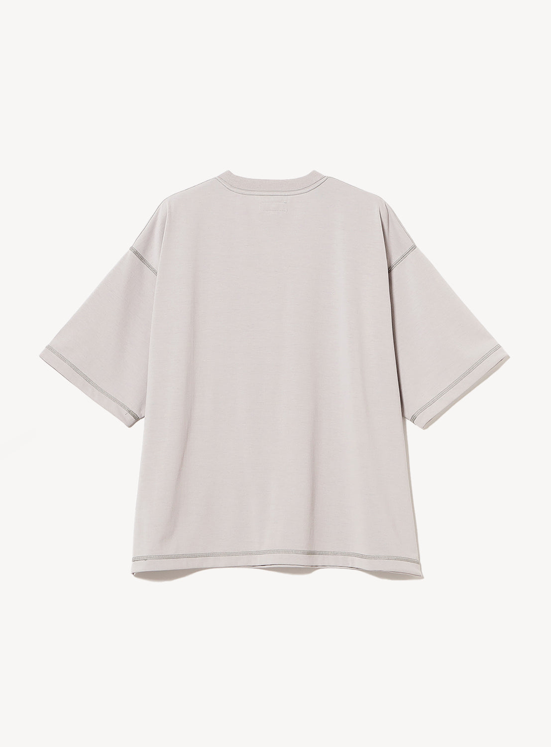 Back of light grey t-shirt with stitching details. 