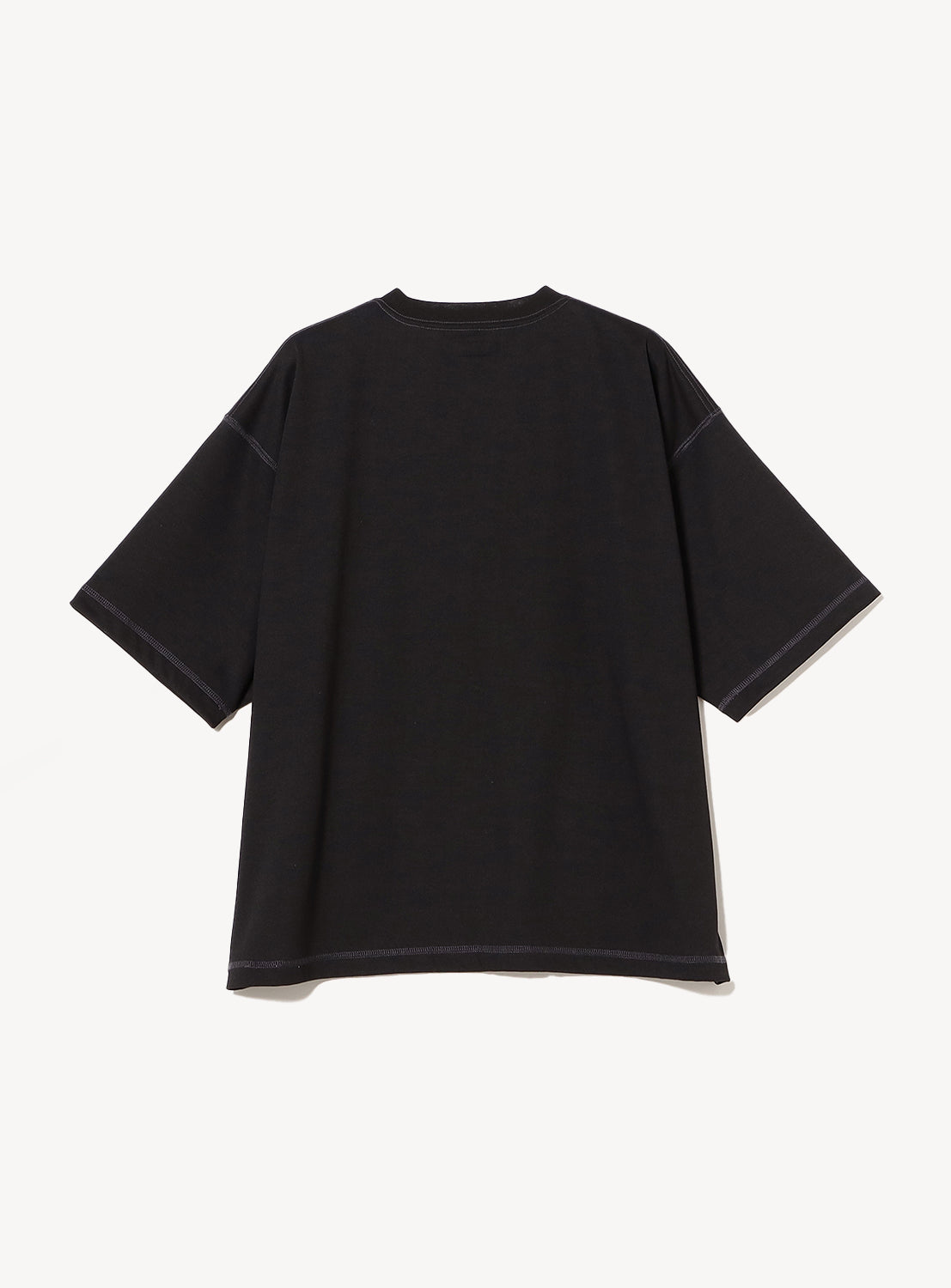 Back of black t-shirt with stitching details. 