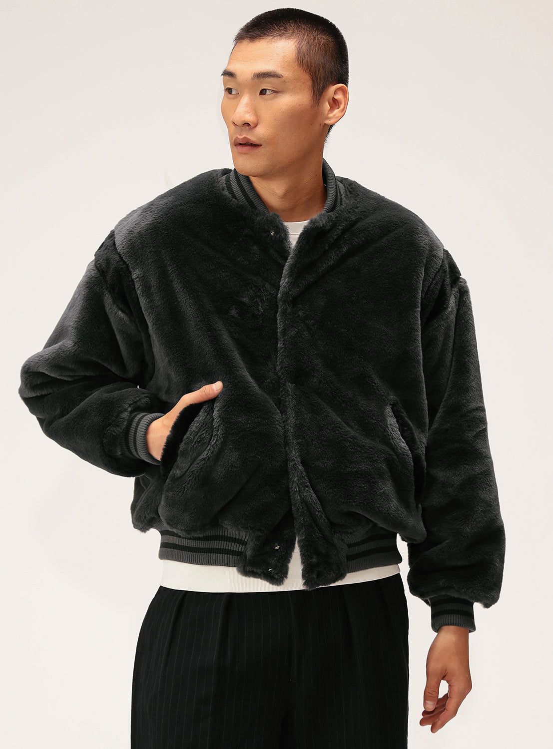 Wide Fit Faux Fur Varsity Jacket