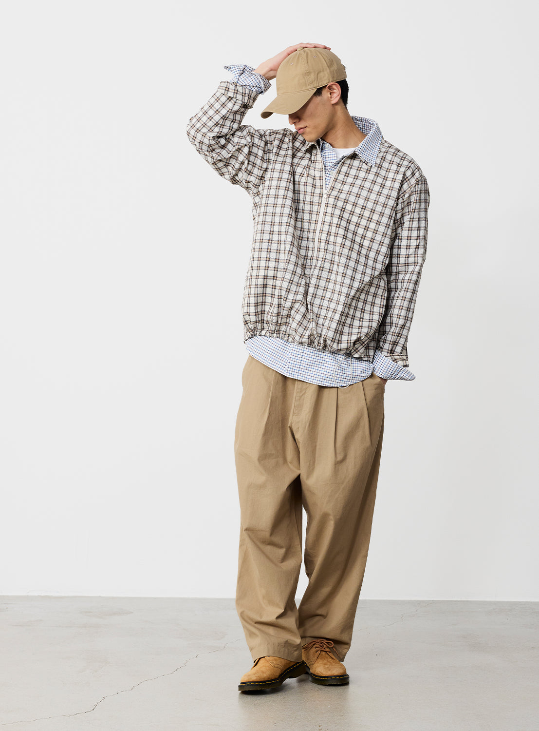 Wide Fit Perforated Check Half-Zip Pullover Shirt