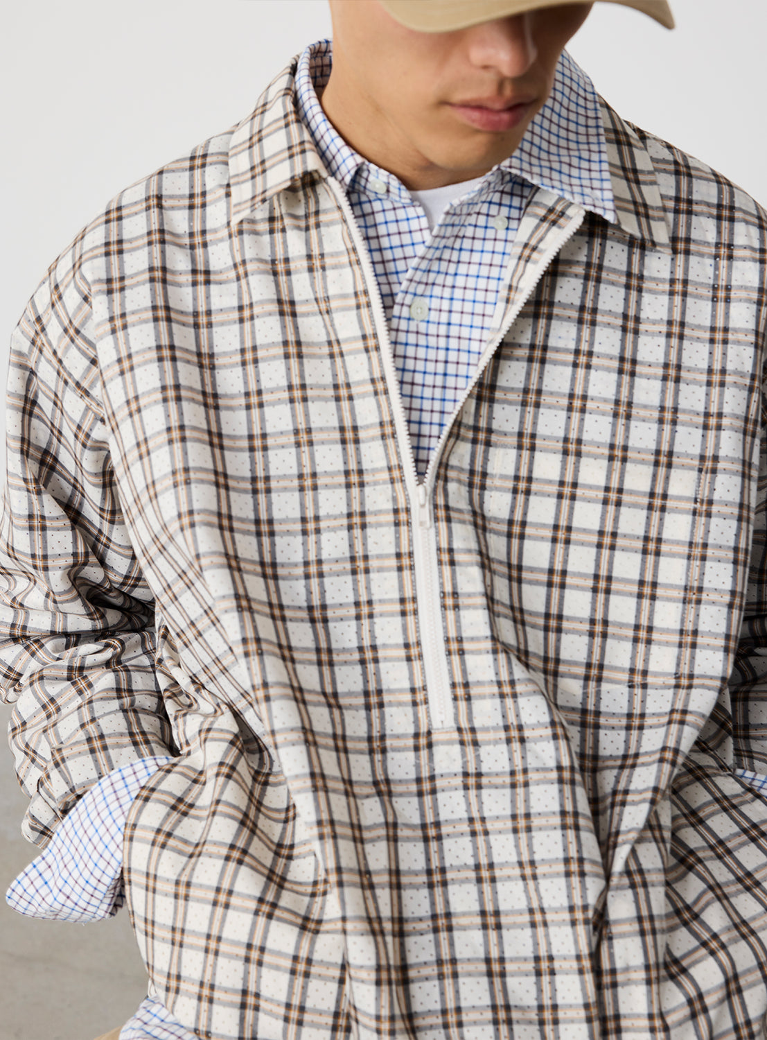 Wide Fit Perforated Check Half-Zip Pullover Shirt