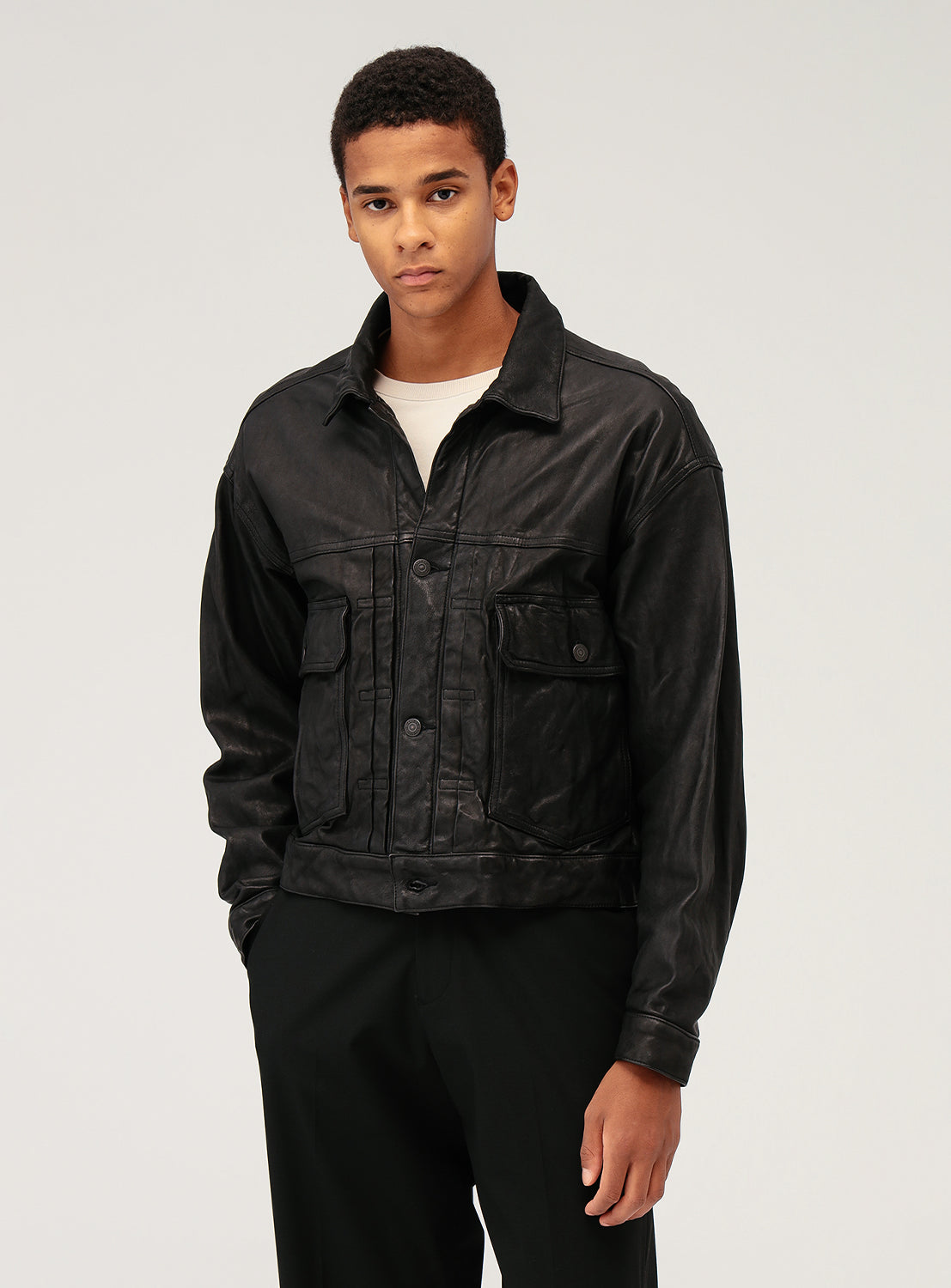 Wide Short Fit Leather Jacket Black / L Wide Short Fit Leather Jacket Black / L