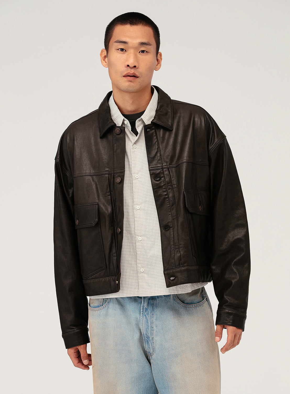 Wide Short Fit Leather Jacket
