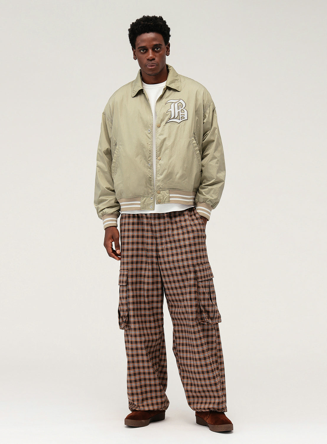 Wide Short Fit Nylon Varsity Jacket