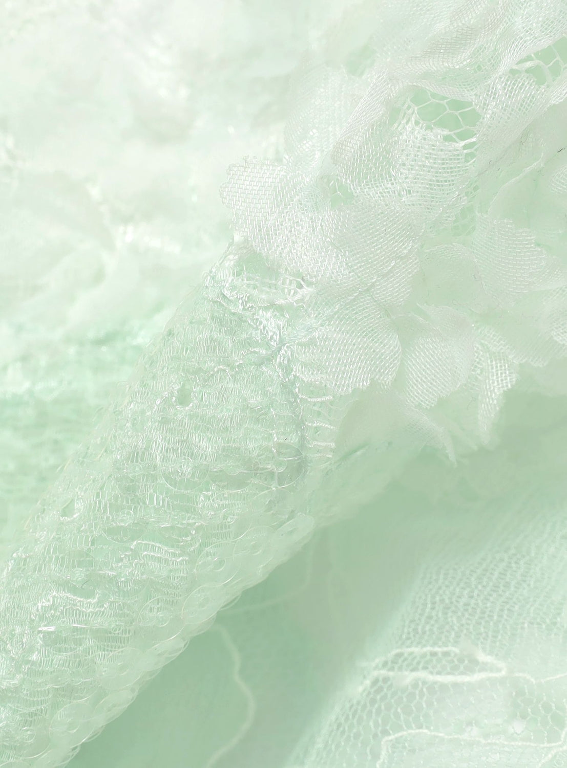 Close-up of the KANAKO SAKAI Lace Patchwork Mini Dress, featuring light mint green lace and mesh fabric with elegant floral patterns. The delicate, sheer texture highlights intricate stitching and airy, translucent layers, while refined floral appliqué makes this mini dress a perfect blend of softness and sophistication.