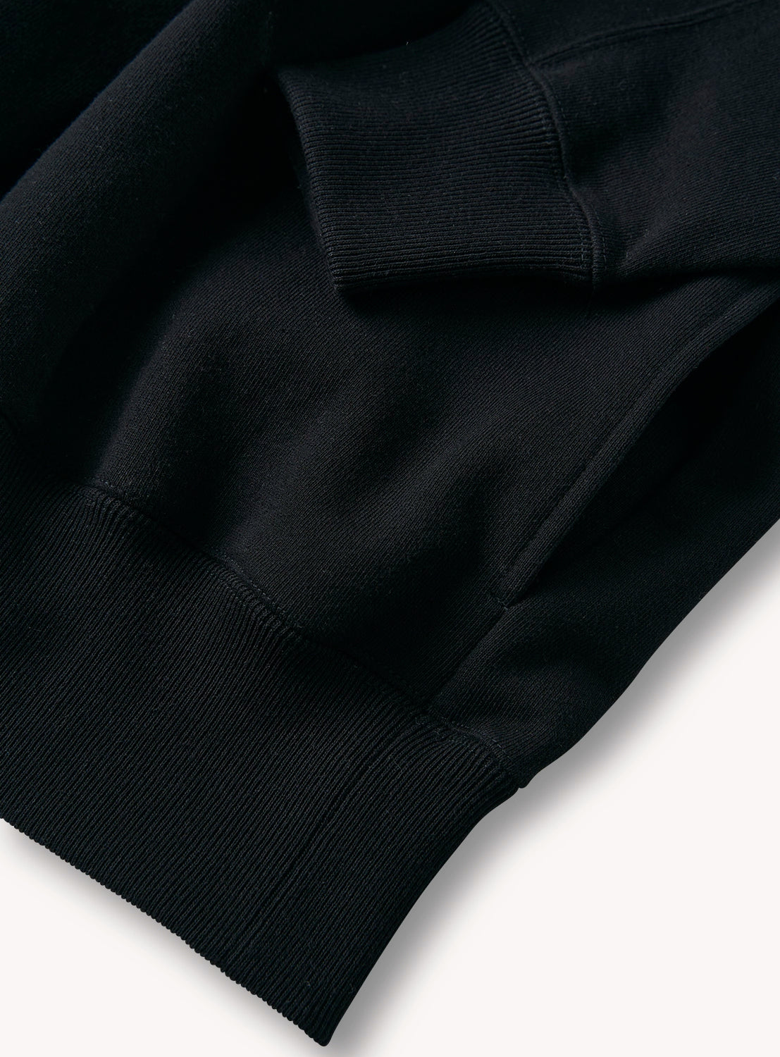 Close-up of a black sweater, ribbed hem details. 