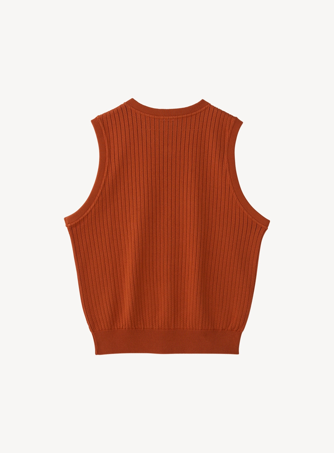 Rust-colored ribbed knit V-neck vest flat lay, back view, showing the garment's rear shape.