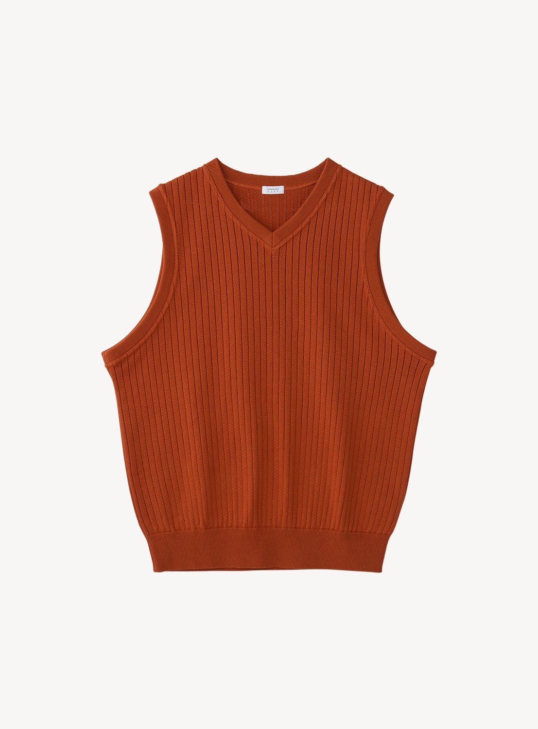 Rust-colored ribbed knit V-neck vest flat lay, showcasing its textured pattern and classic design.