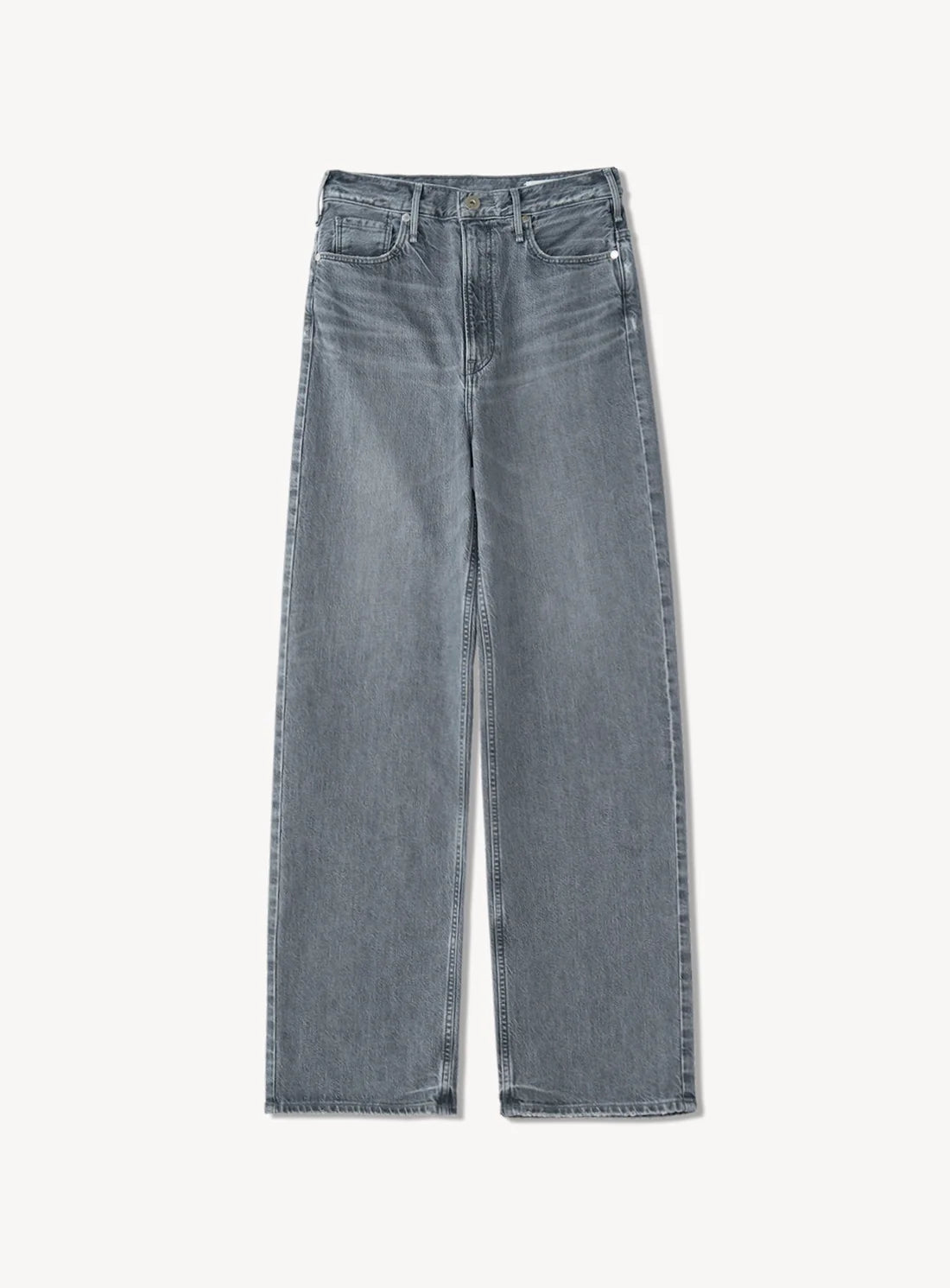 High-waisted, wide-leg grey denim jeans.