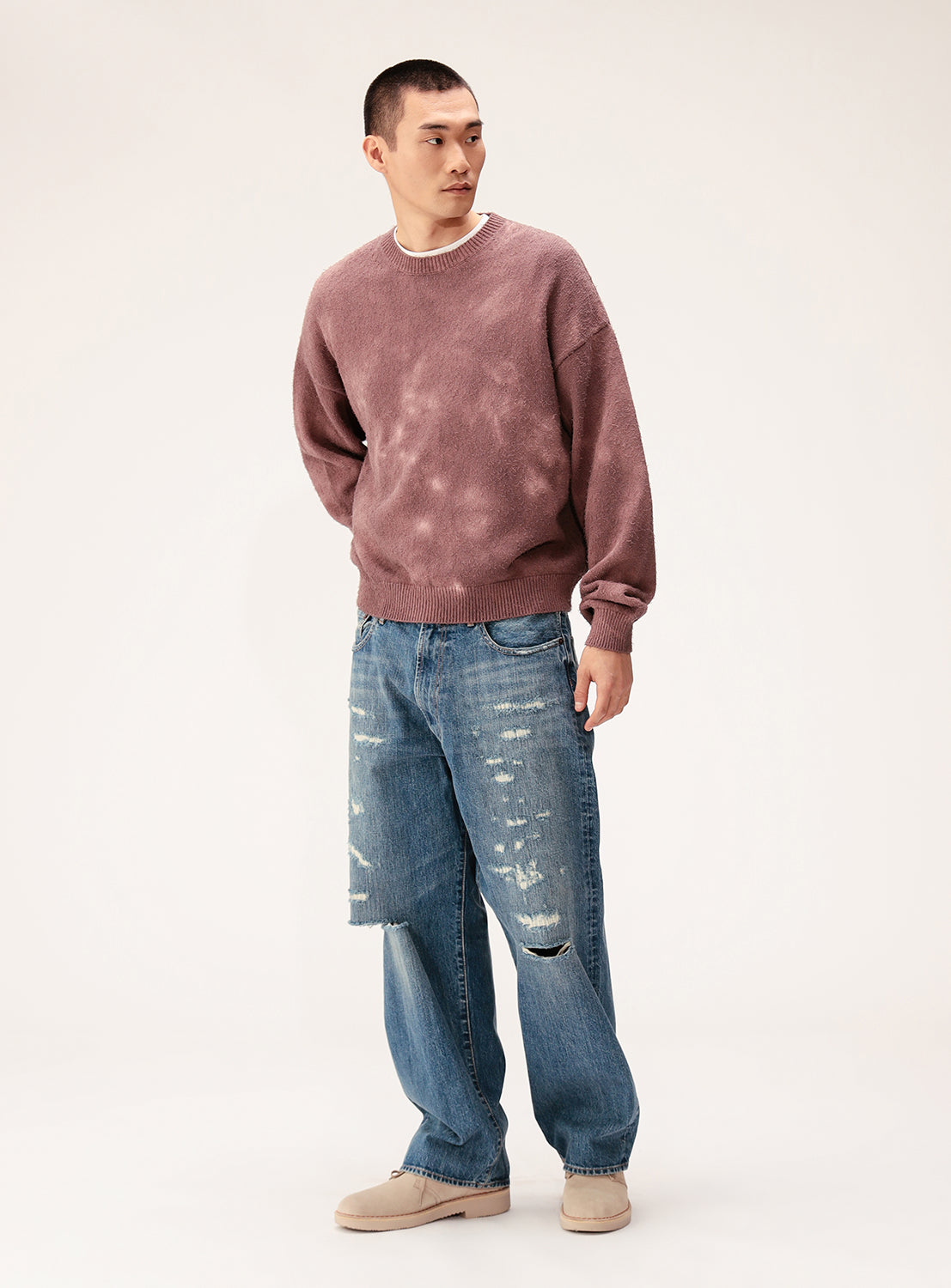 5-Gauge Garment-Dyed Crew Neck Knit Sweater