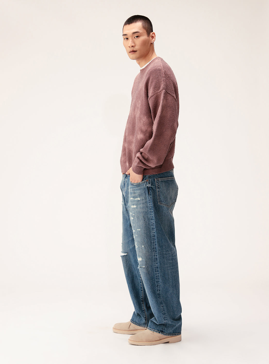 5-Gauge Garment-Dyed Crew Neck Knit Sweater