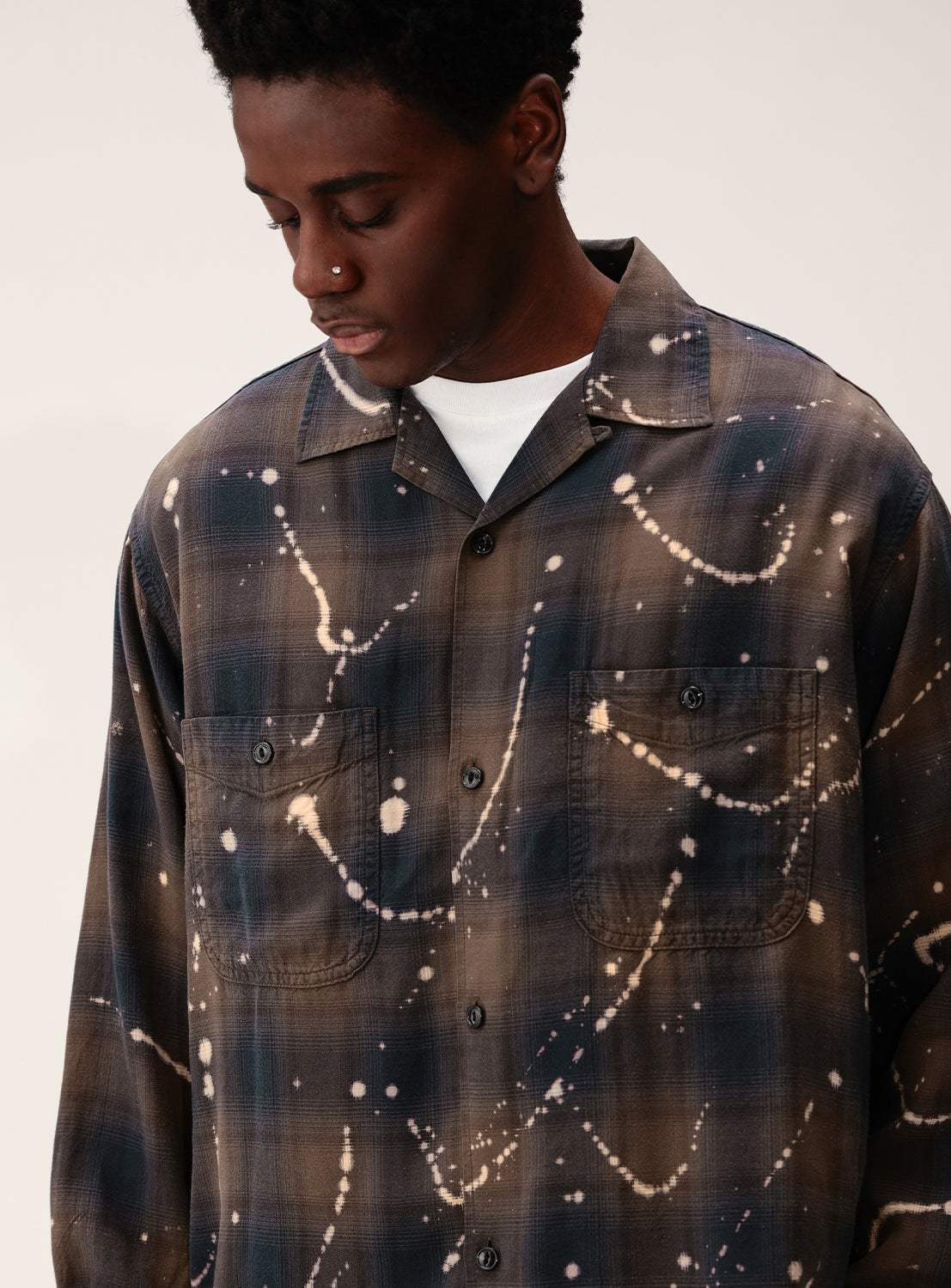 Bleached Ombré Check Open Collar Shirt