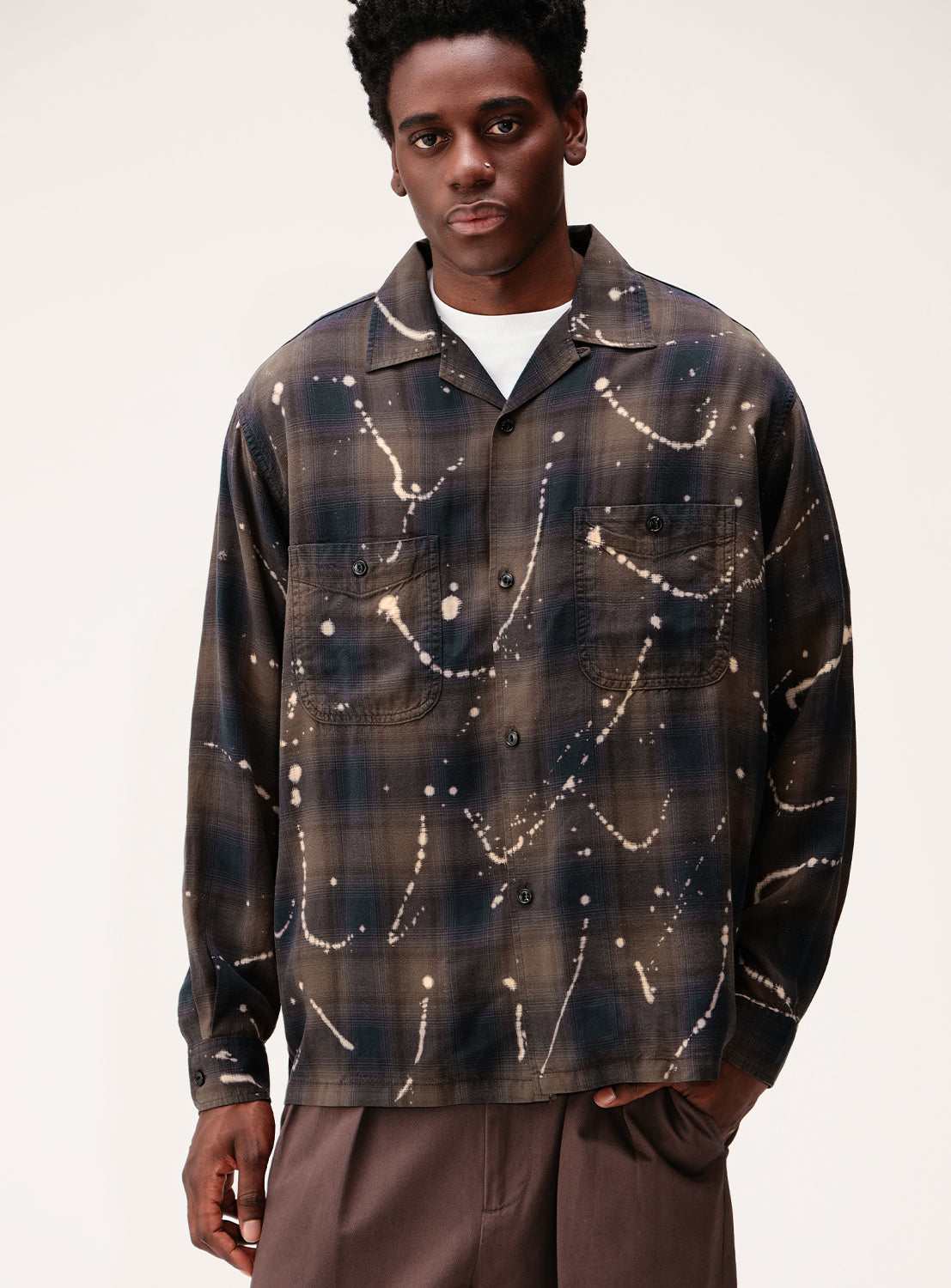 Bleached Ombré Check Open Collar Shirt