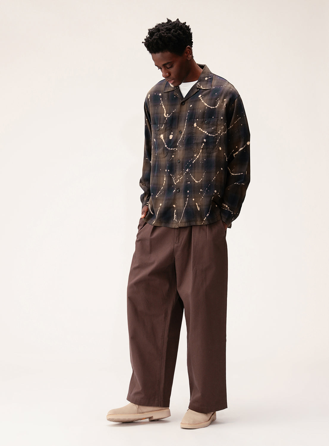 Bleached Ombré Check Open Collar Shirt