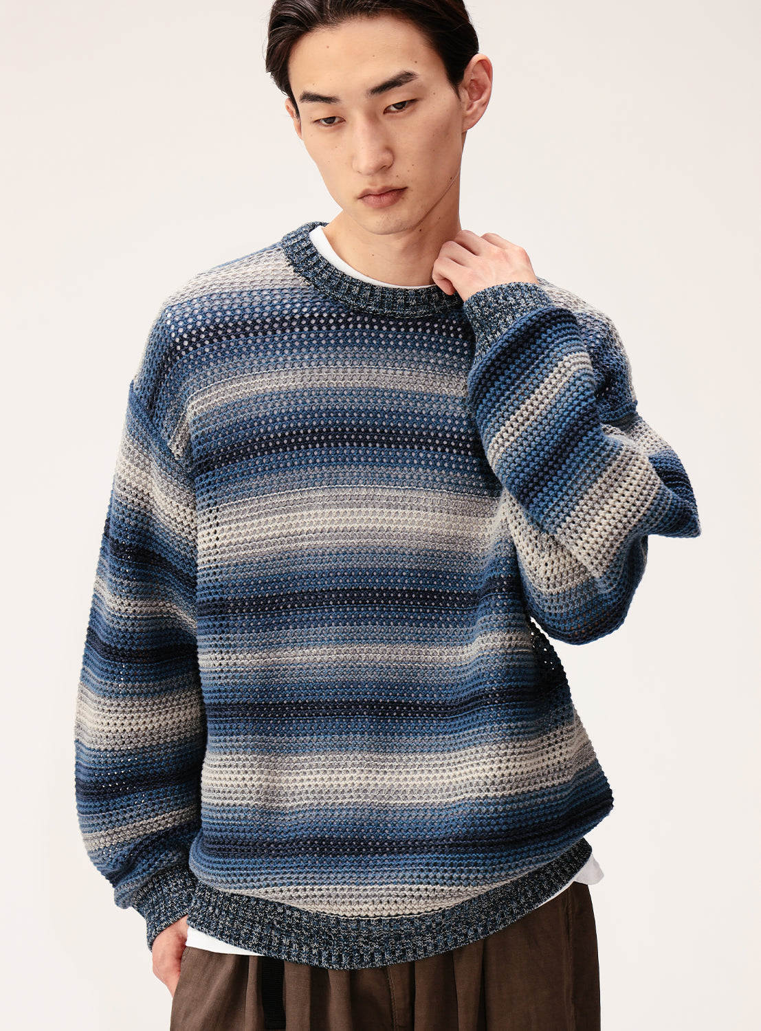 Mesh Striped Crew Neck Knit
