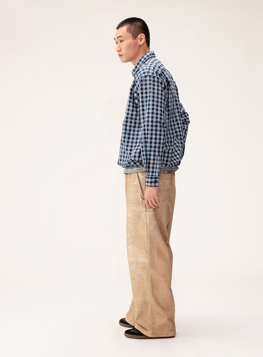 Wide Fit Perforated Check Half-Zip Pullover Shirt