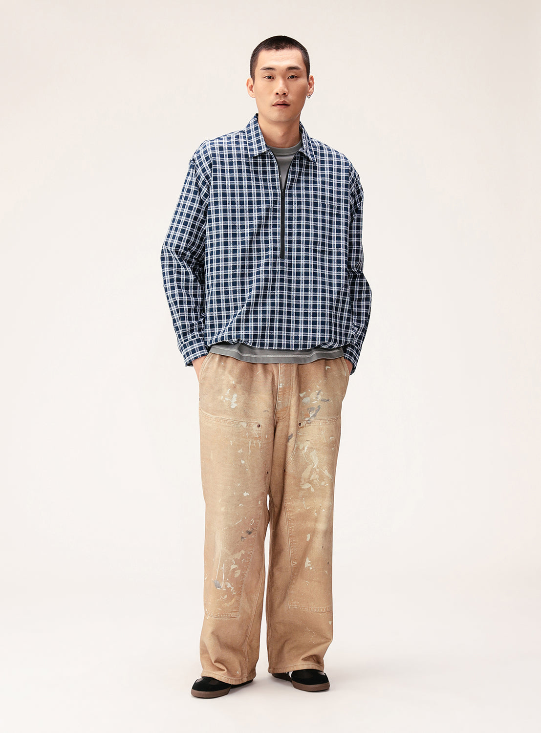 Wide Fit Perforated Check Half-Zip Pullover Shirt