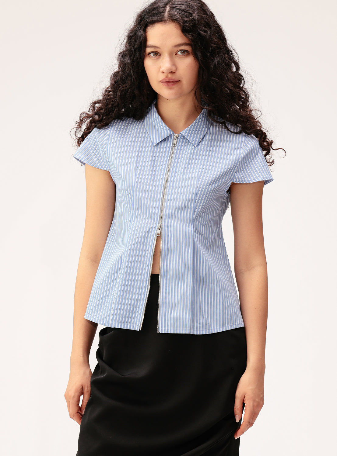 Striped Cap-Sleeve Double-Zip Shirt
