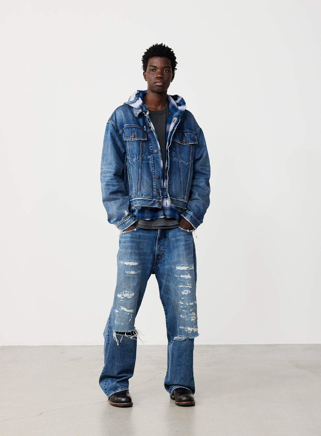 Cropped Distressed Japanese Denim Trucker Jacket