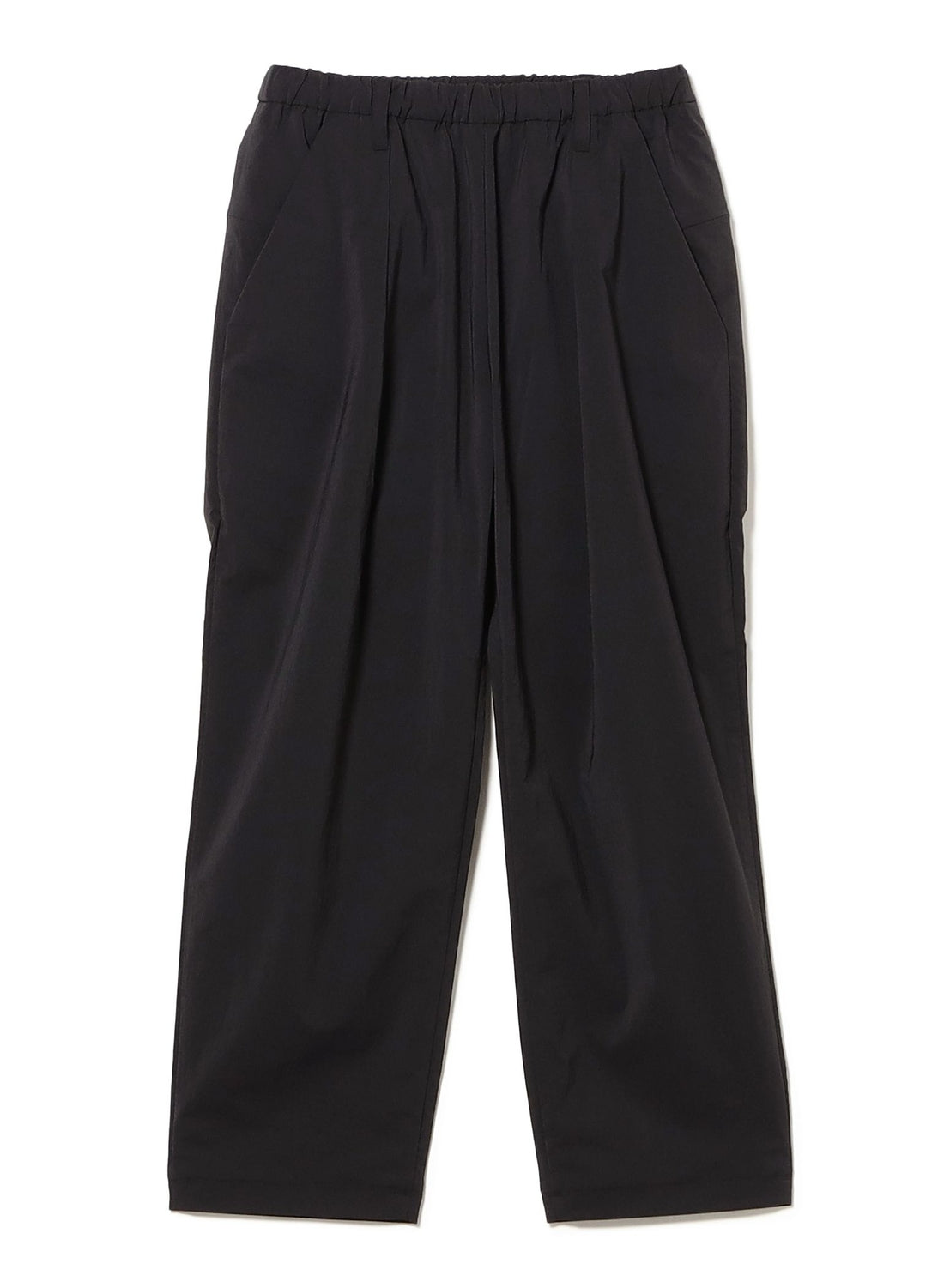 Loose-fitting black Wallet Pants Resort - Doctoroid by TEATORA, featuring an elastic waistband and side pockets, are crafted from innovative DOCTOROID fabric. Laid flat on a white background, these versatile trousers are ideal as travel pants, offering both comfort and practicality on the go.