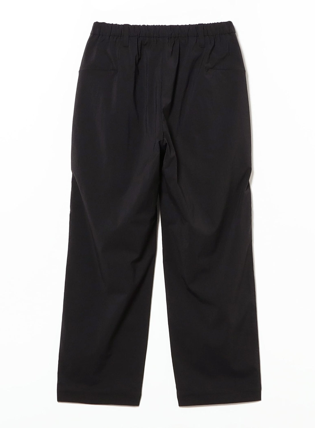 A pair of TEATORA Wallet Pants Resort - Doctoroid in black, featuring a straight-leg cut, elastic waistband, and two side pockets, crafted from lightweight DOCTOROID fabric and displayed flat on a white background.