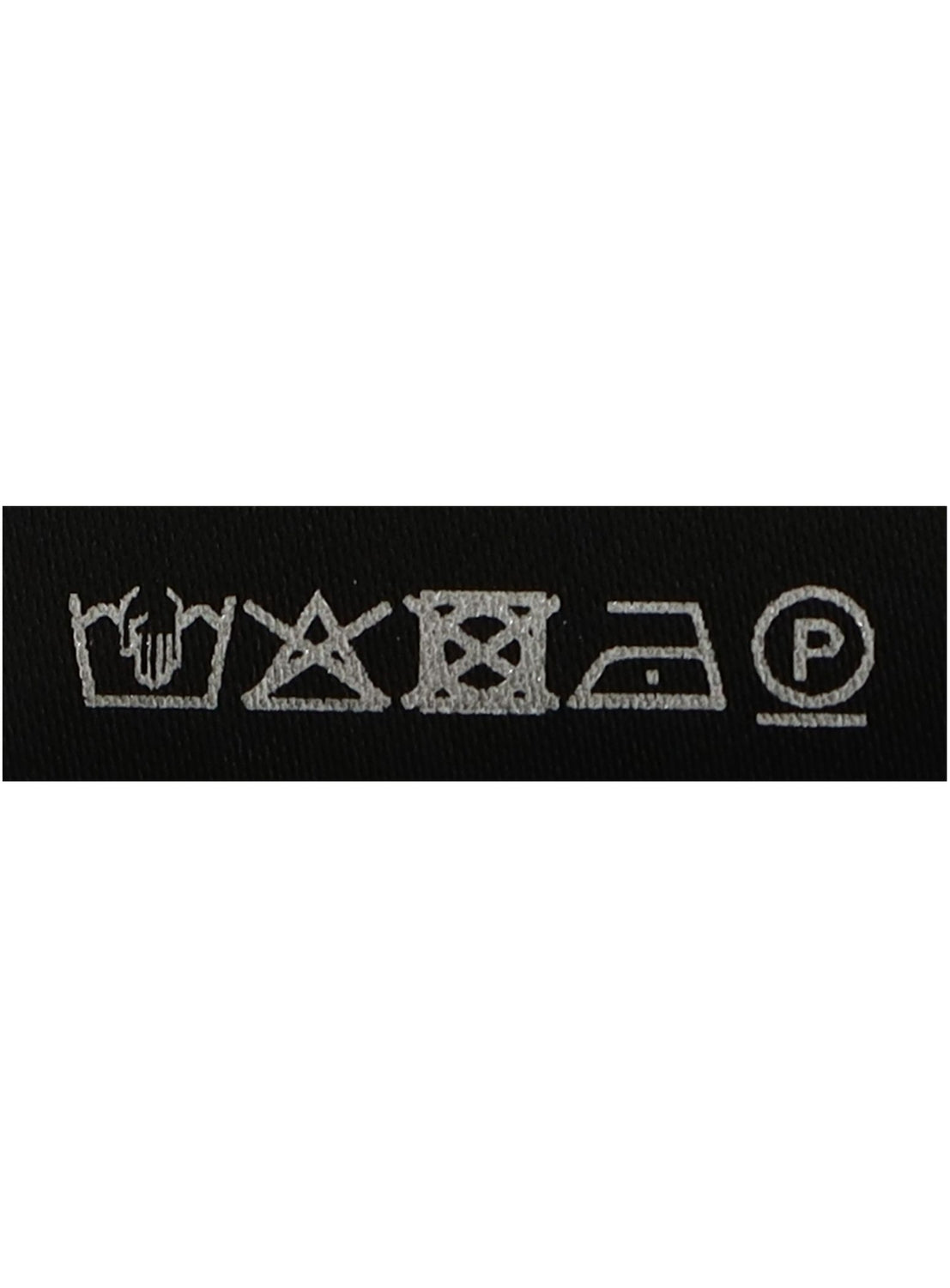 Black label with white laundry care symbols: hand wash, do not bleach, do not tumble dry, iron at medium temperature, and professional dry clean allowed—perfect for keeping your TEATORA Wallet Pants Resort - Doctoroid in excellent condition.