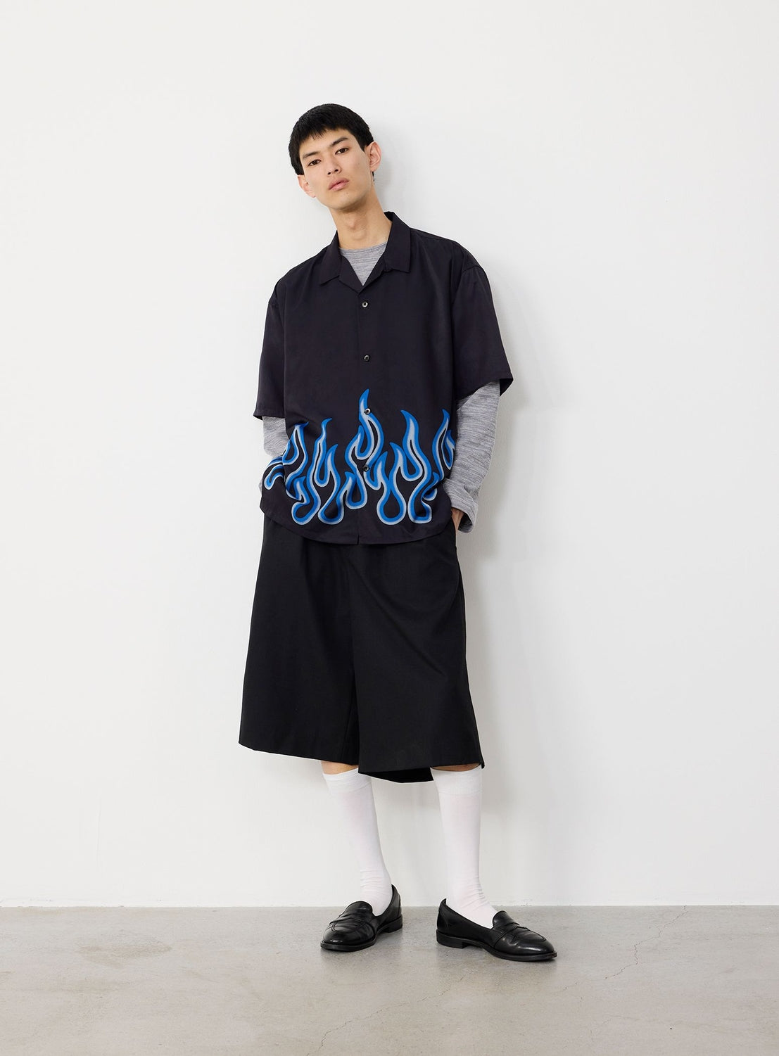 Flame Print Relaxed Fit Open Collar Shirt