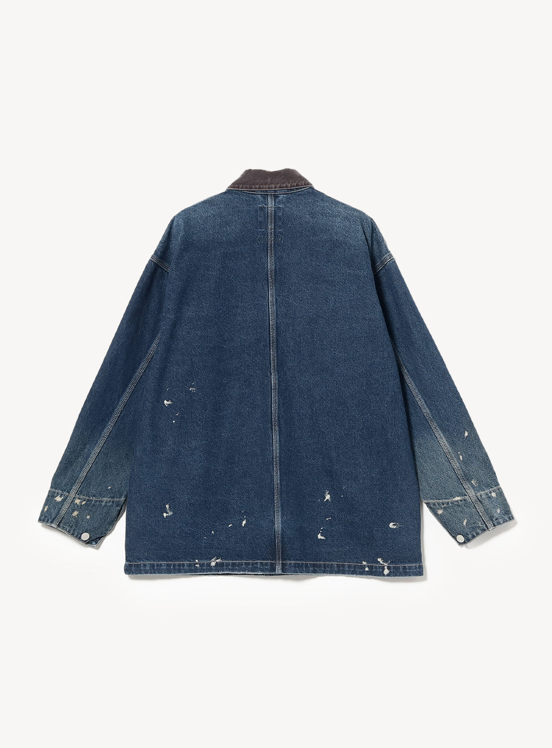 Back view of a vintage, relaxed fit BEAMS Used Denim Coverall with a dark brown collar and white paint splatter detailing.