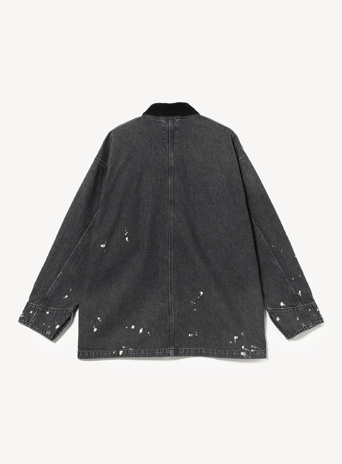 Back view of a BEAMS Used Denim Coverall, a relaxed fit black denim chore coat with white paint splatters and a dark collar.
