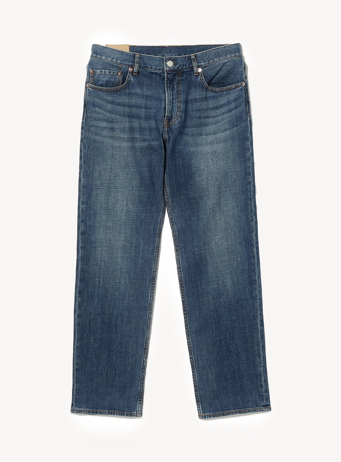 BEAMS Comfy 5-Pocket Denim in medium-wash blue Japanese denim, featuring a straight-leg, slim fit, button fly, and five-pocket styling.