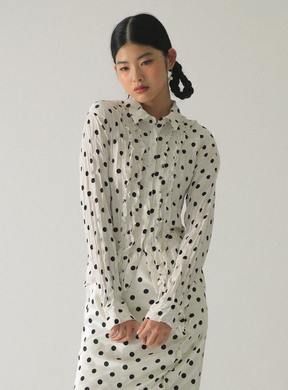 Dot Crinkle Ruffle Shirt
