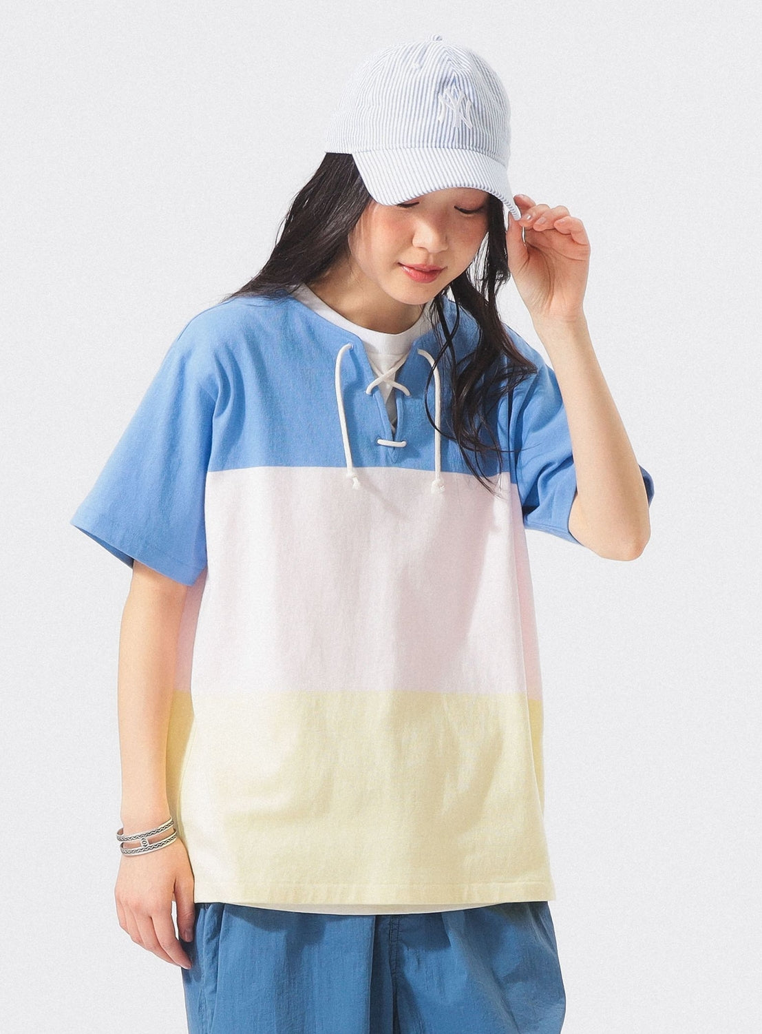 Wide Border Lace-Up Short Sleeve Top