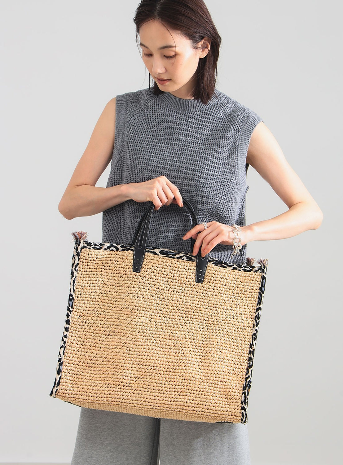 Tank Raffia Leopard Tote Bag