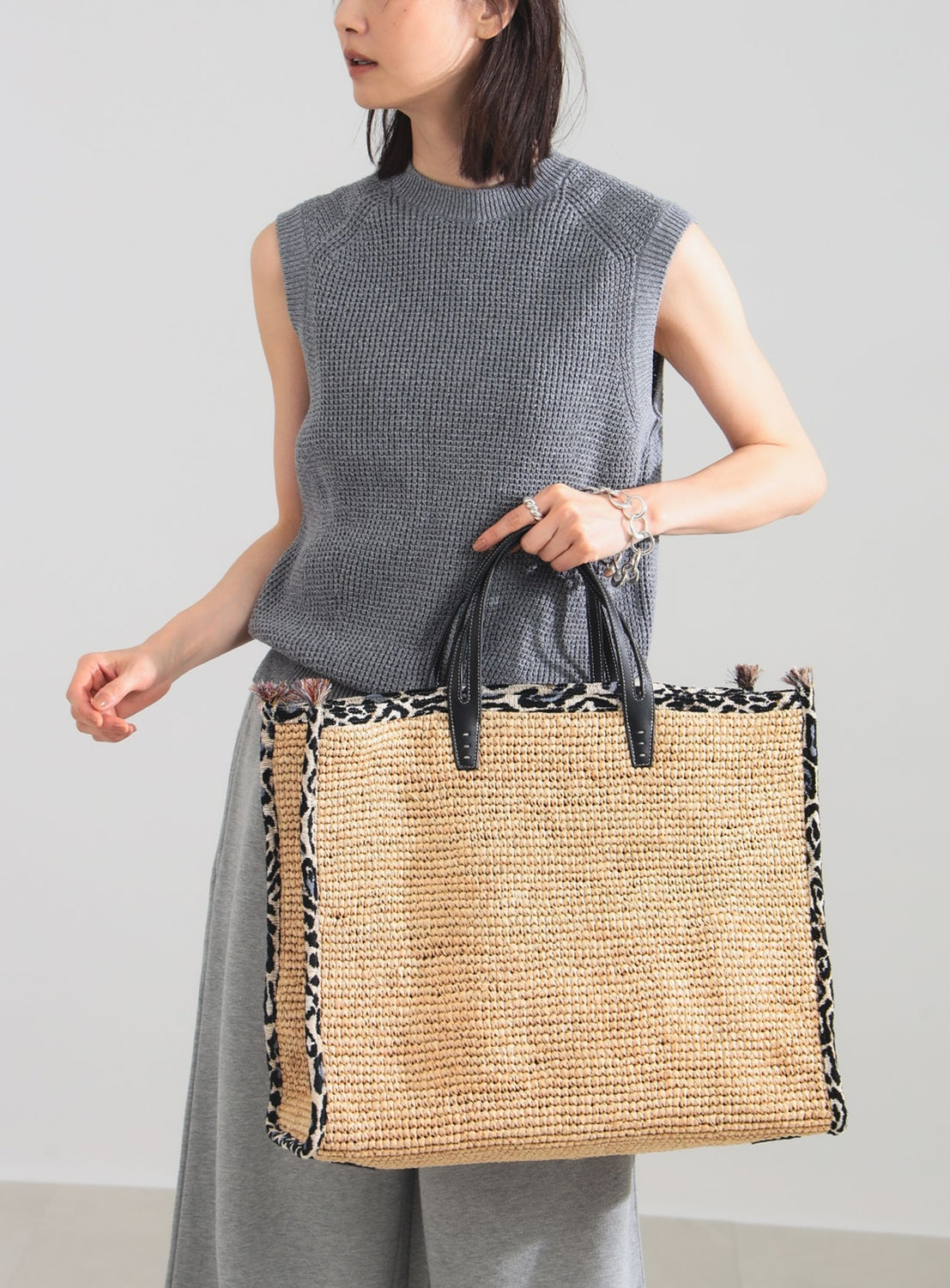Tank Raffia Leopard Tote Bag